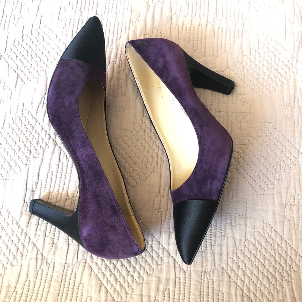 Auth CHANEL purple suede satin black cap point toe pumps heel NEW Gabrielle Coco - Picture 6 of 17